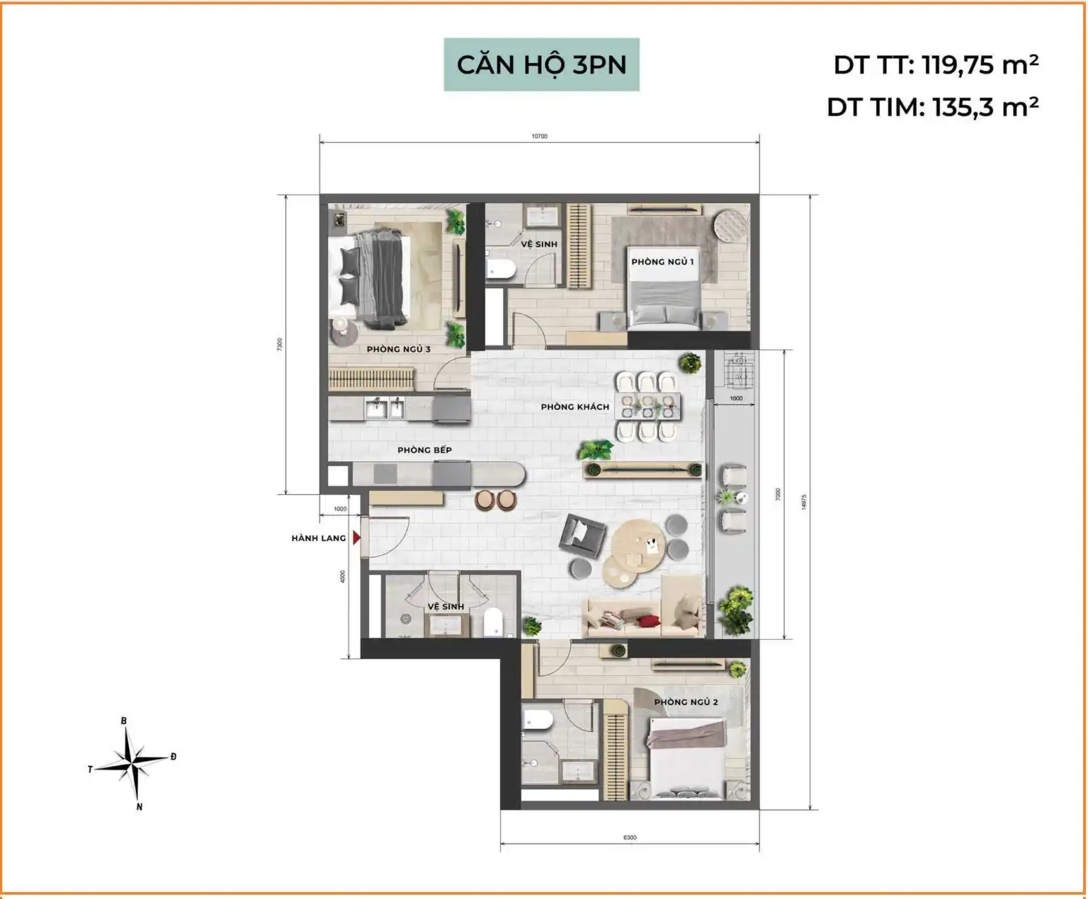 Ascott Tây Hồ - thiết kế căn 3 phòng ngủ
